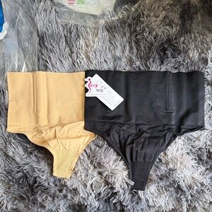 High-Waist Tummy Control Shapewear Thong - Black & Beige